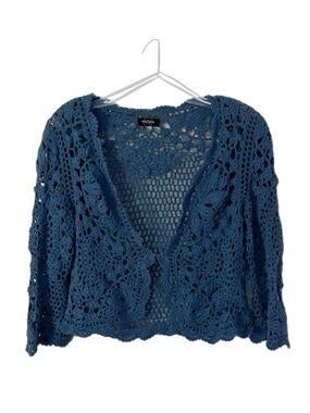 Y2K Boho Cotton Crochet Cropped Cardigan with 3/4 Sleeves
